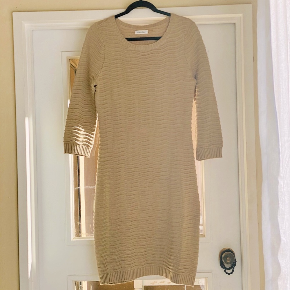 Calvin Klein Tan Ribbed Crewneck Sweater Dress